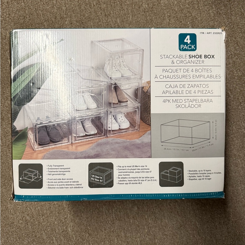 Stackable Clear Shoe Box & Organizer - 4 Pack